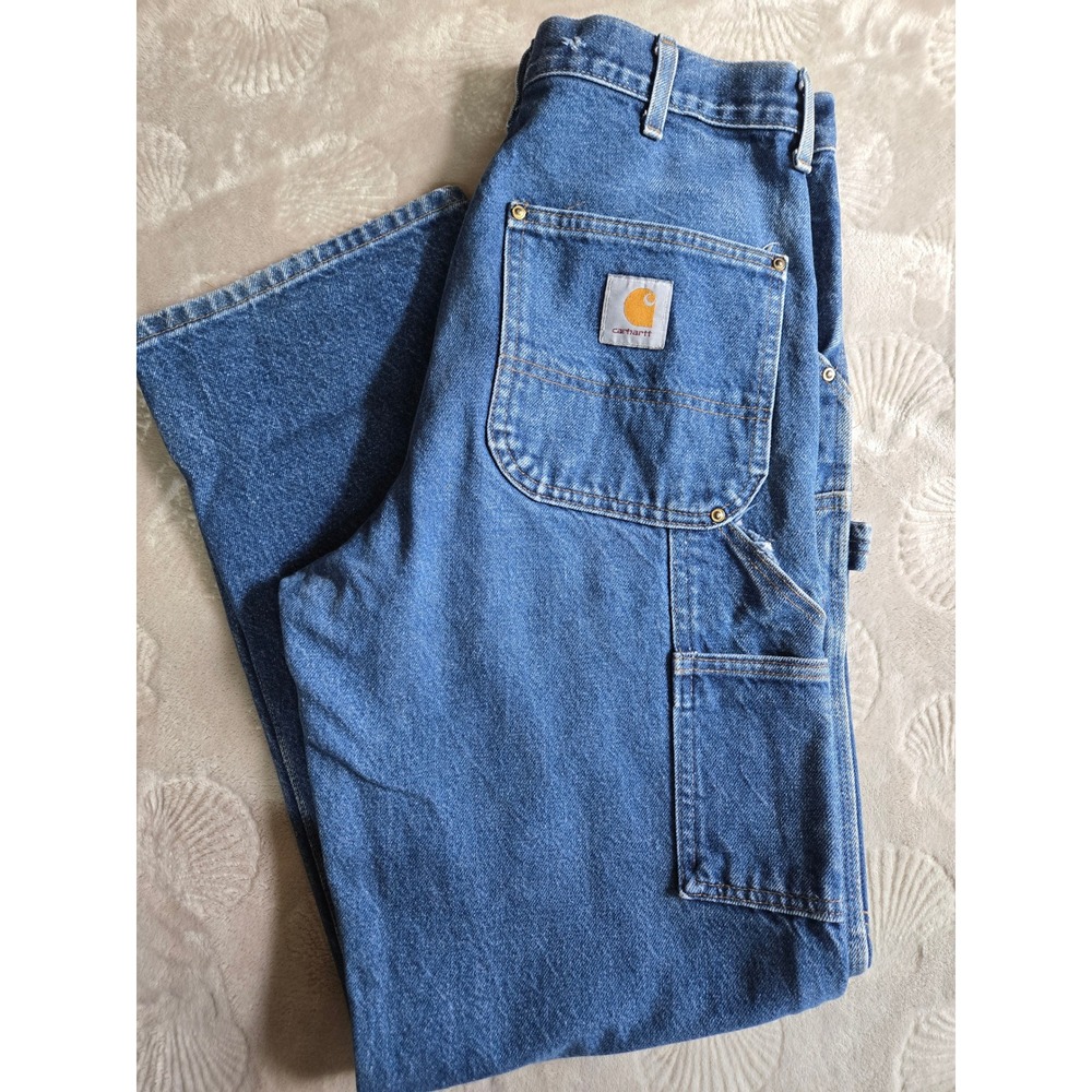 VTG Carhartt B07 DNM Double Knee Denim Work Pants Jeans 34x32 Distressed Faded
